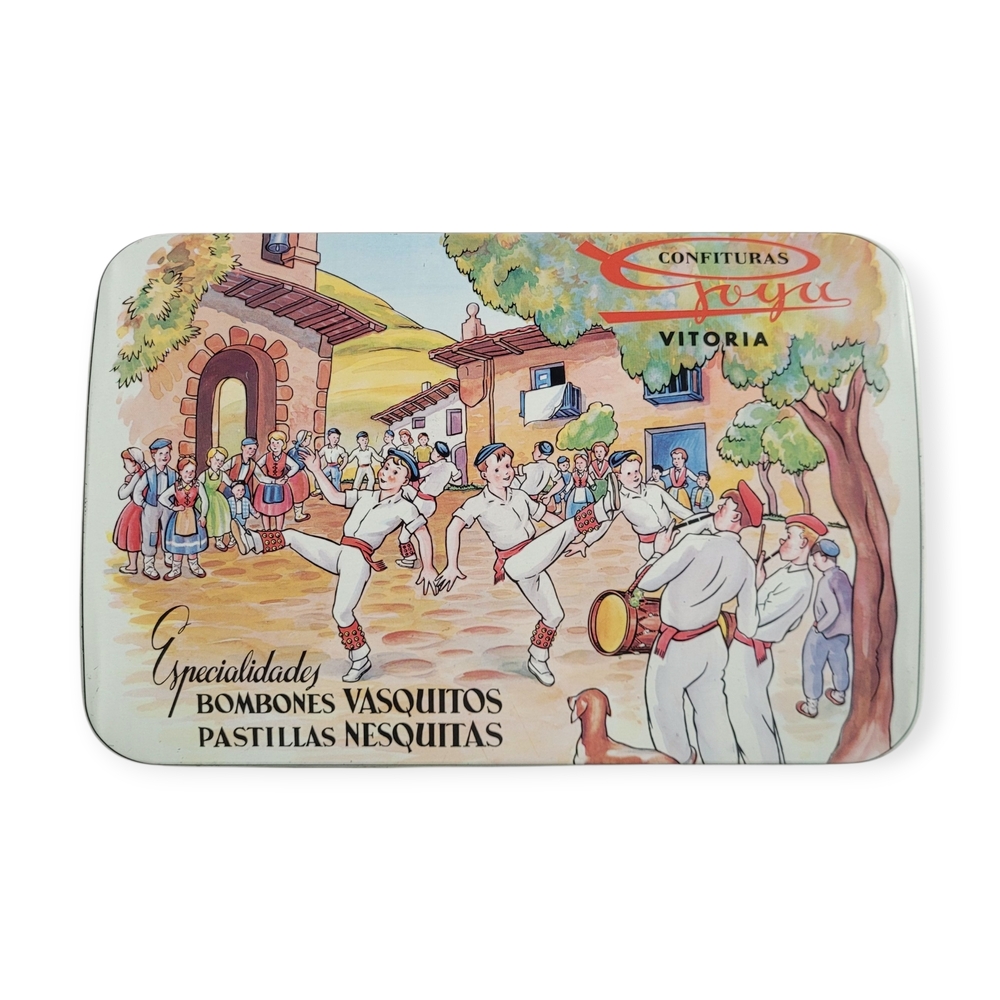 Vintage 1982 Goya Vasquitos Hinged Decorative Tin with Dancing Scene